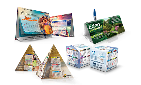 Calendário de Mesa com Porta Cartões e Canetas